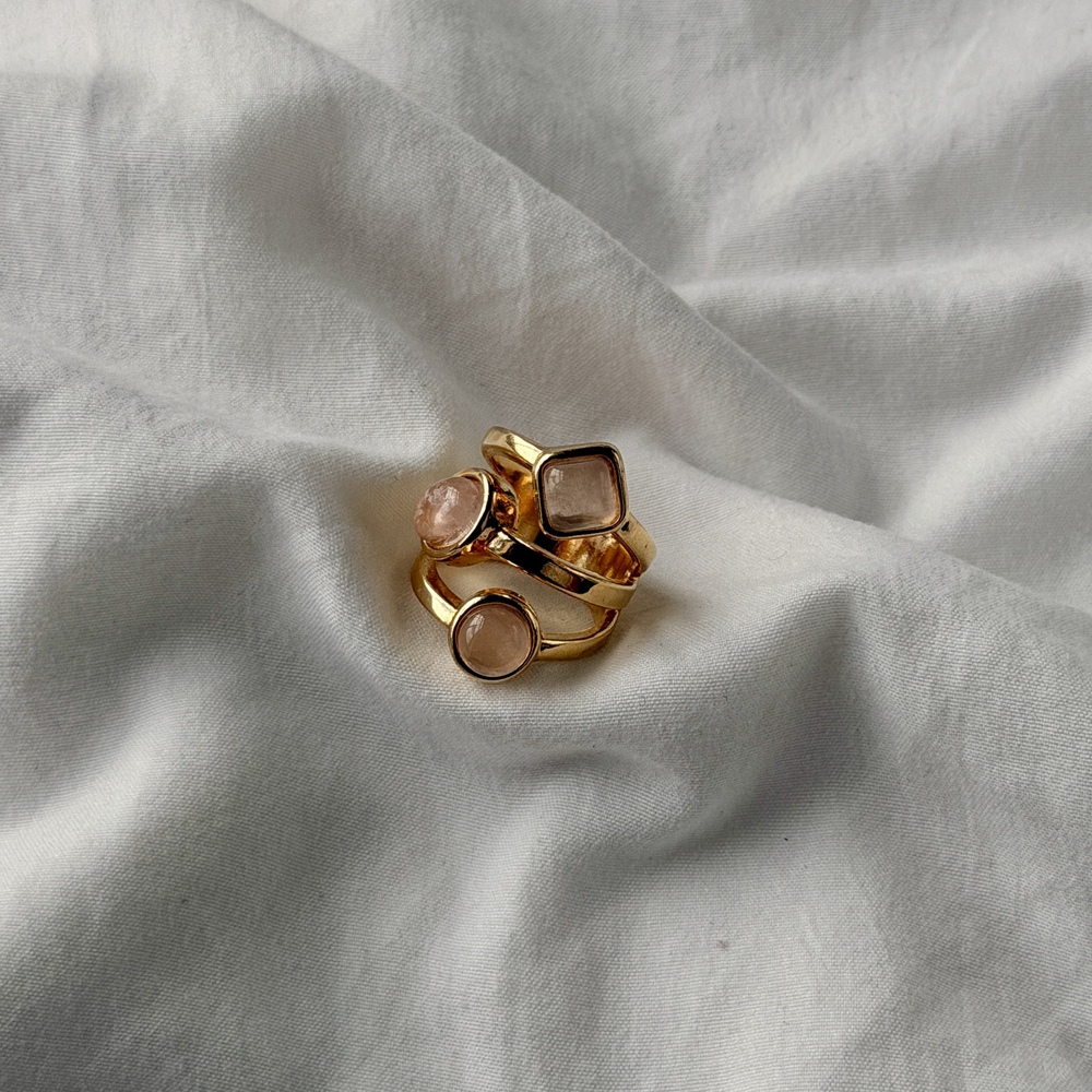 Gold Plated - Three Stone Line Pink Quartz - Ring (US 5.5)